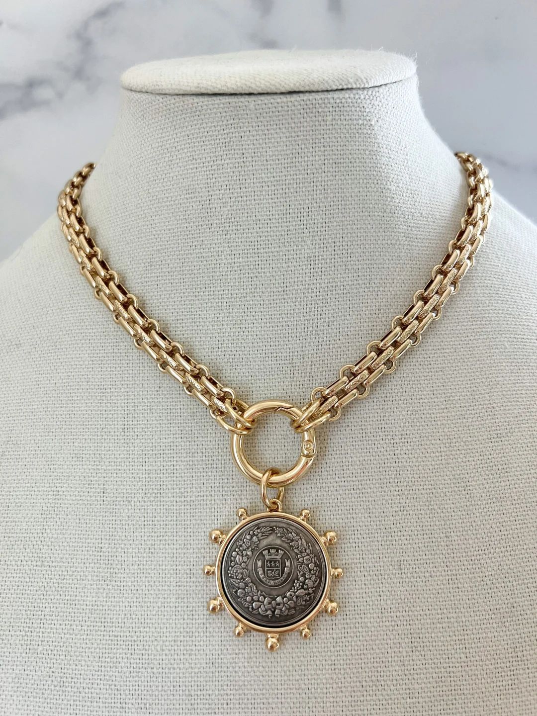 Gold Statement Necklace Gold Chunky Necklace Large Gold Coin Pendant XL Coin Pendant Gold Coin Ne... | Etsy (US)