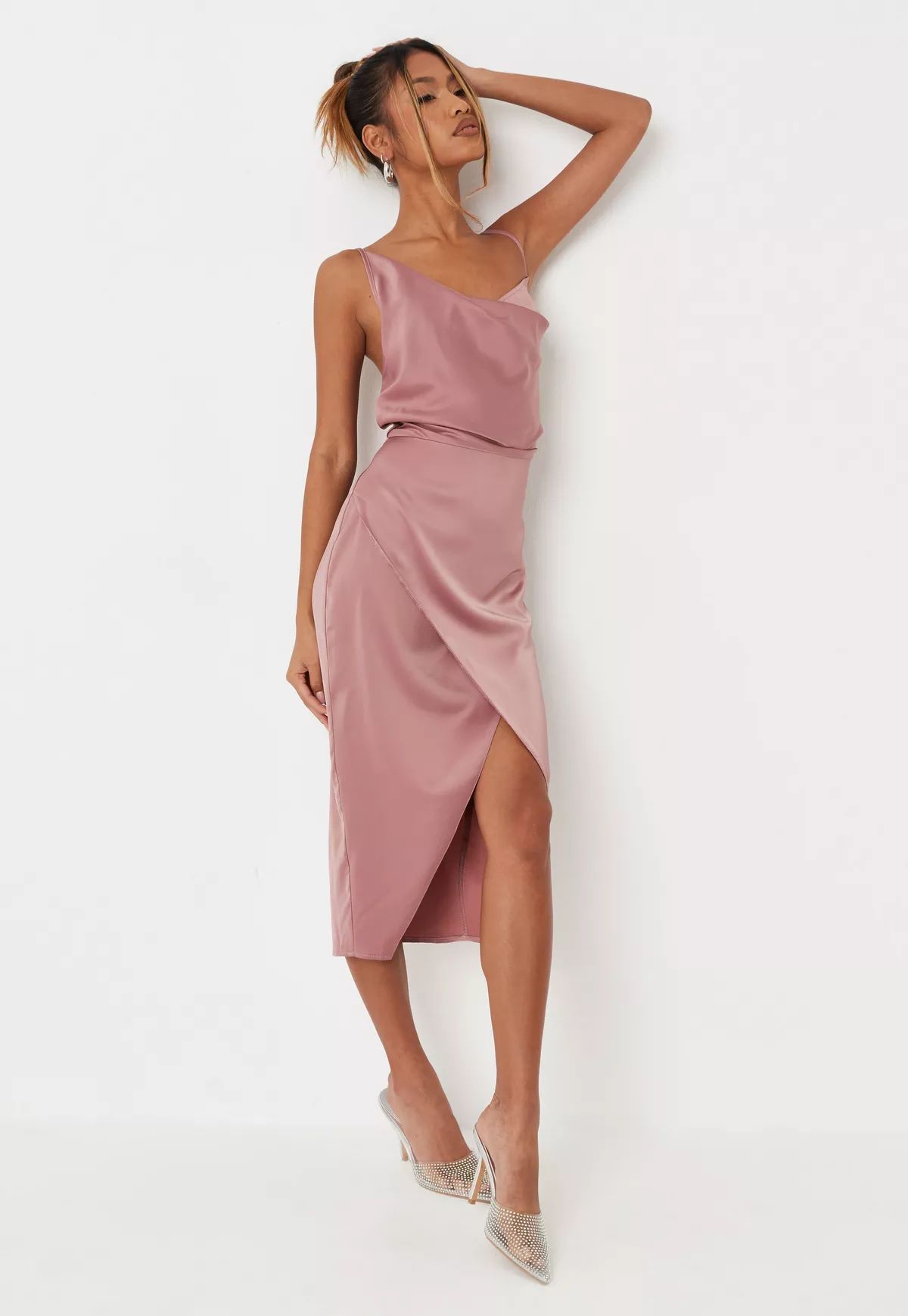 Petite Mauve Satin Asymmetric Drape Dress | Missguided (US & CA)