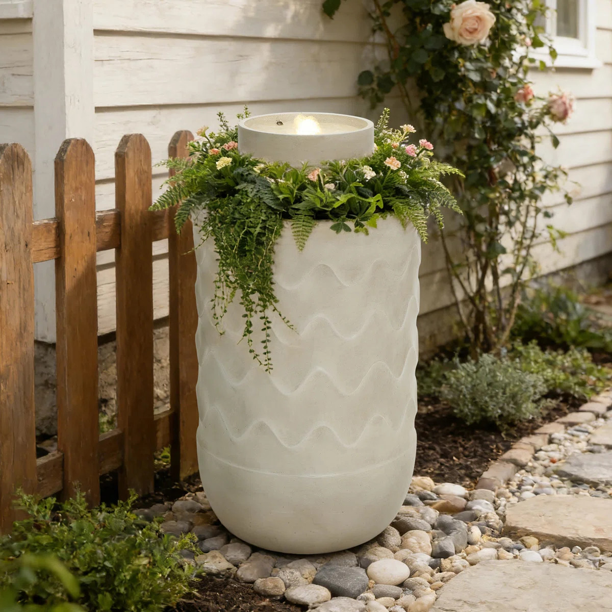 Outdoor Lighted Polyresin Fountain with Planter, Decorative Garden Accent | Wayfair North America
