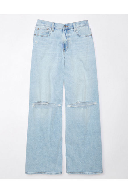 AE Dreamy Drape Stretch Ripped Baggy Ultra Wide-Leg Super High-Waisted Jean Women's Light Destroy Wash 0 Regular | American Eagle Outfitters (US & CA)