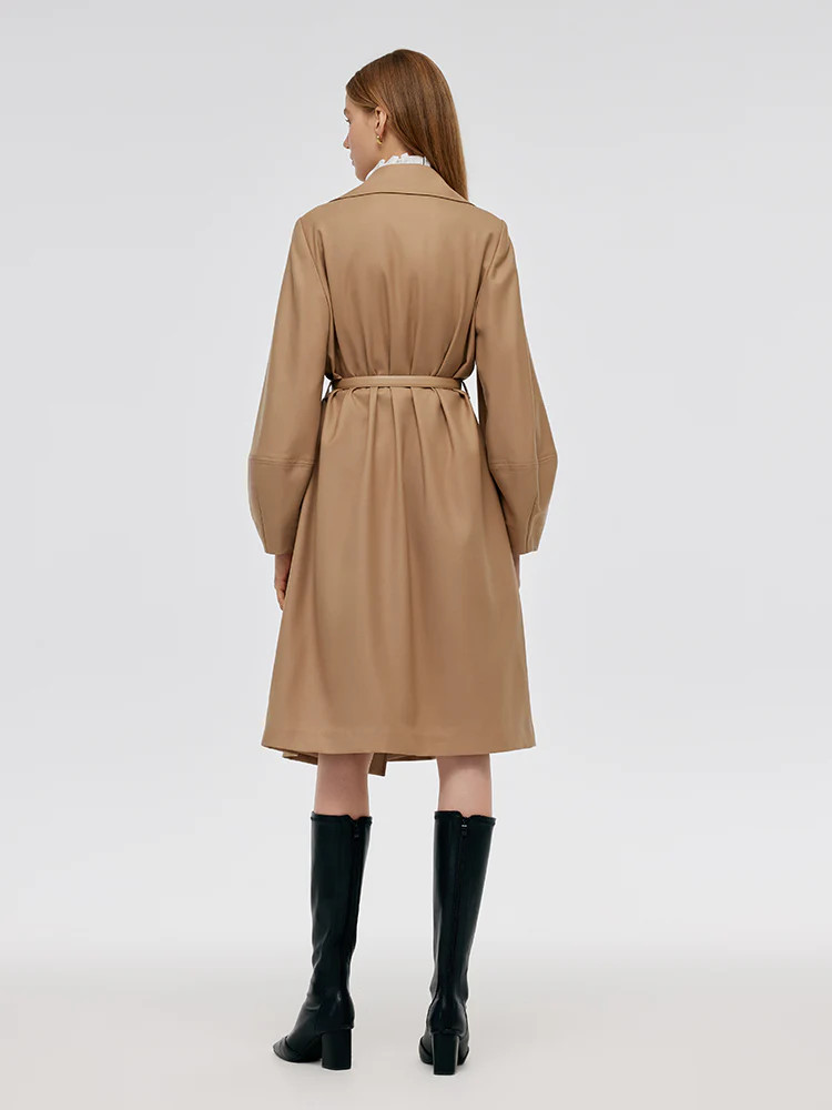 Worsted Wool Lantern Sleeve Women Trench Coat With Leather Belt | GOELIA