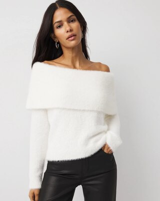 Women's Off-The-Shoulder Brushed Pullover Sweater in White size Medium | White House Black Market | White House Black Market