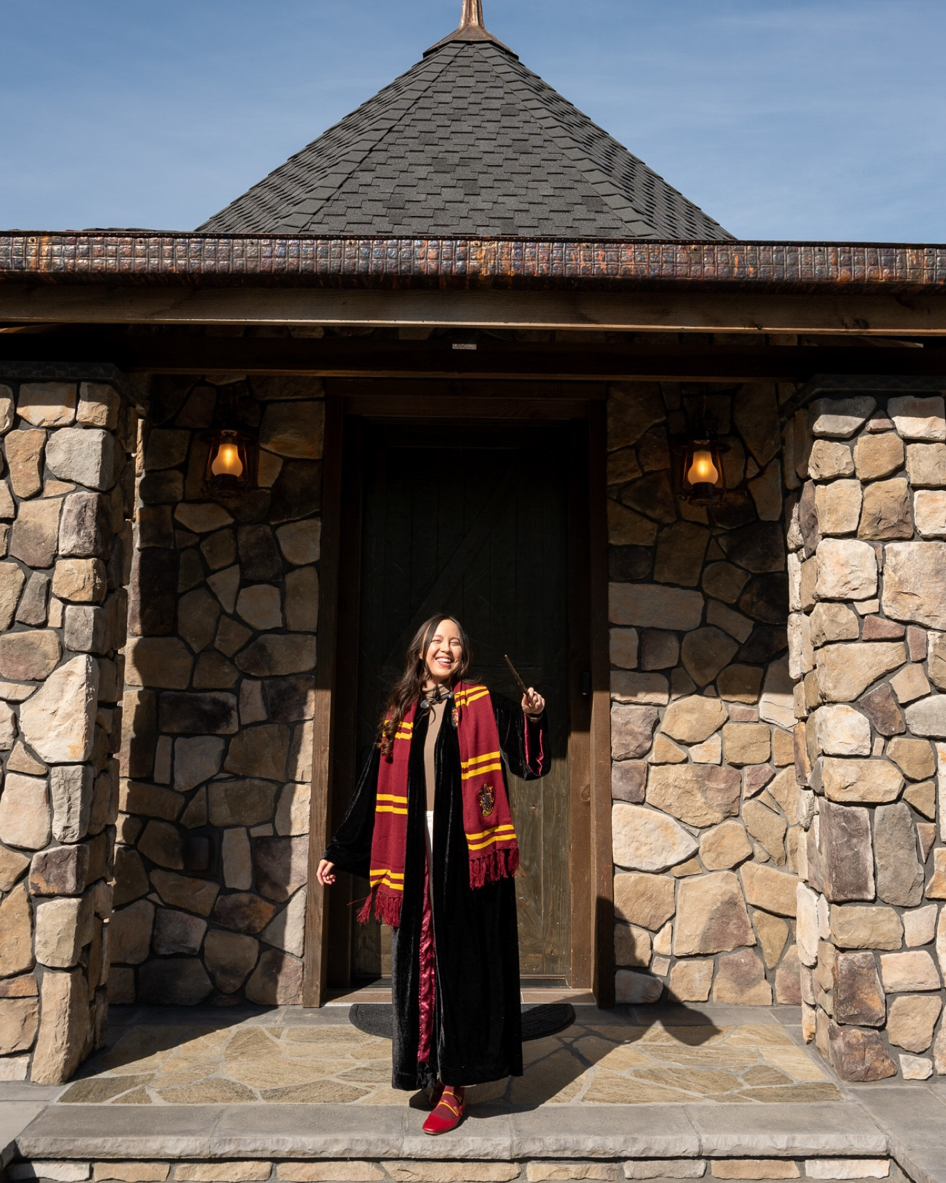 Harry Potter fan outfit with Hogwarts Gryffindor robes, Quidditch scarf, and a wand 🧙 

#LTKParties #LTKTravel #LTKStyleTip