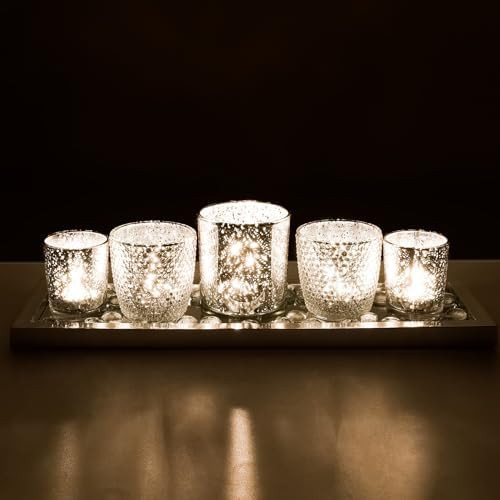 Votive Candle Holders, Silver Glass Candle Holder Set of 5 with Tray and Clear Pebbles, Mercury C... | Amazon (US)