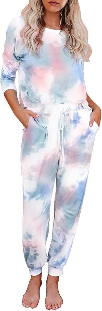 KIRUNDO Women’s Tie Dye Pajamas Set Long Sleeves Jogger PJ Sets Two Pieces Round Neck Loungewea... | Amazon (US)