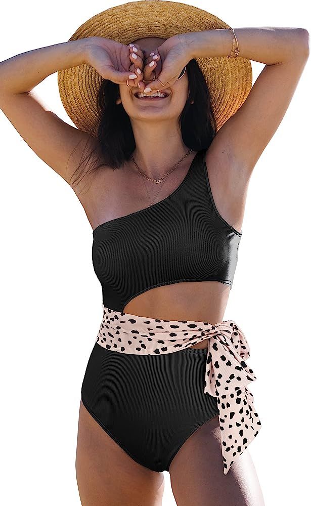 SPORLIKE Women One Piece Swimsuit Ribbed Color Block Swimwear One Shoulder Monkini | Amazon (US)