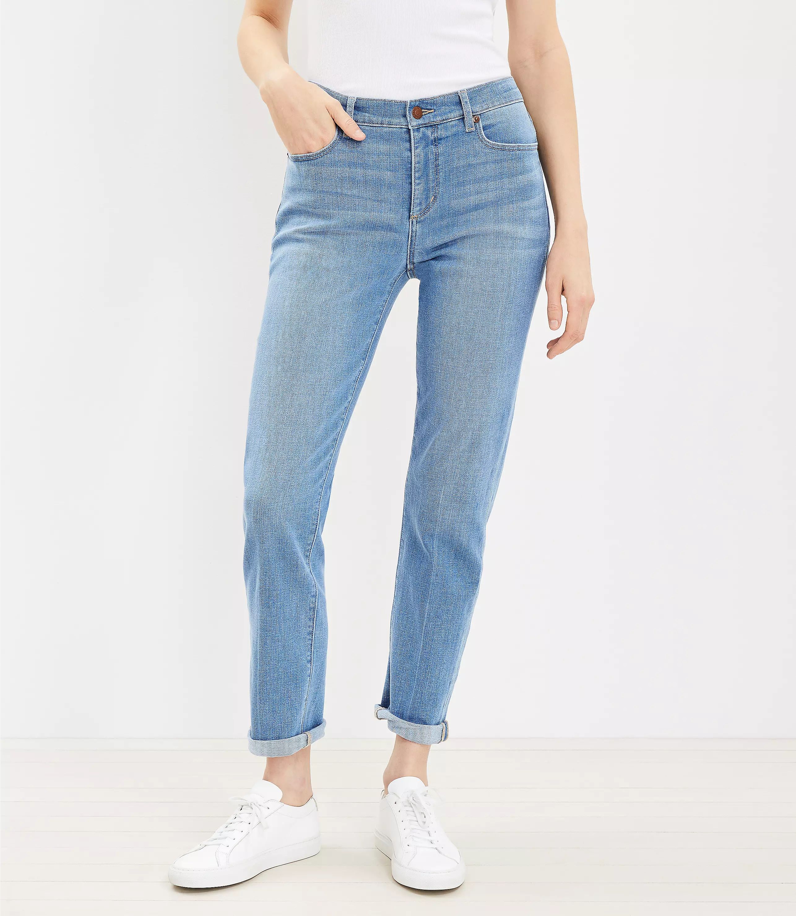 Girlfriend Jeans in Destructed Mid Stone Wash | LOFT