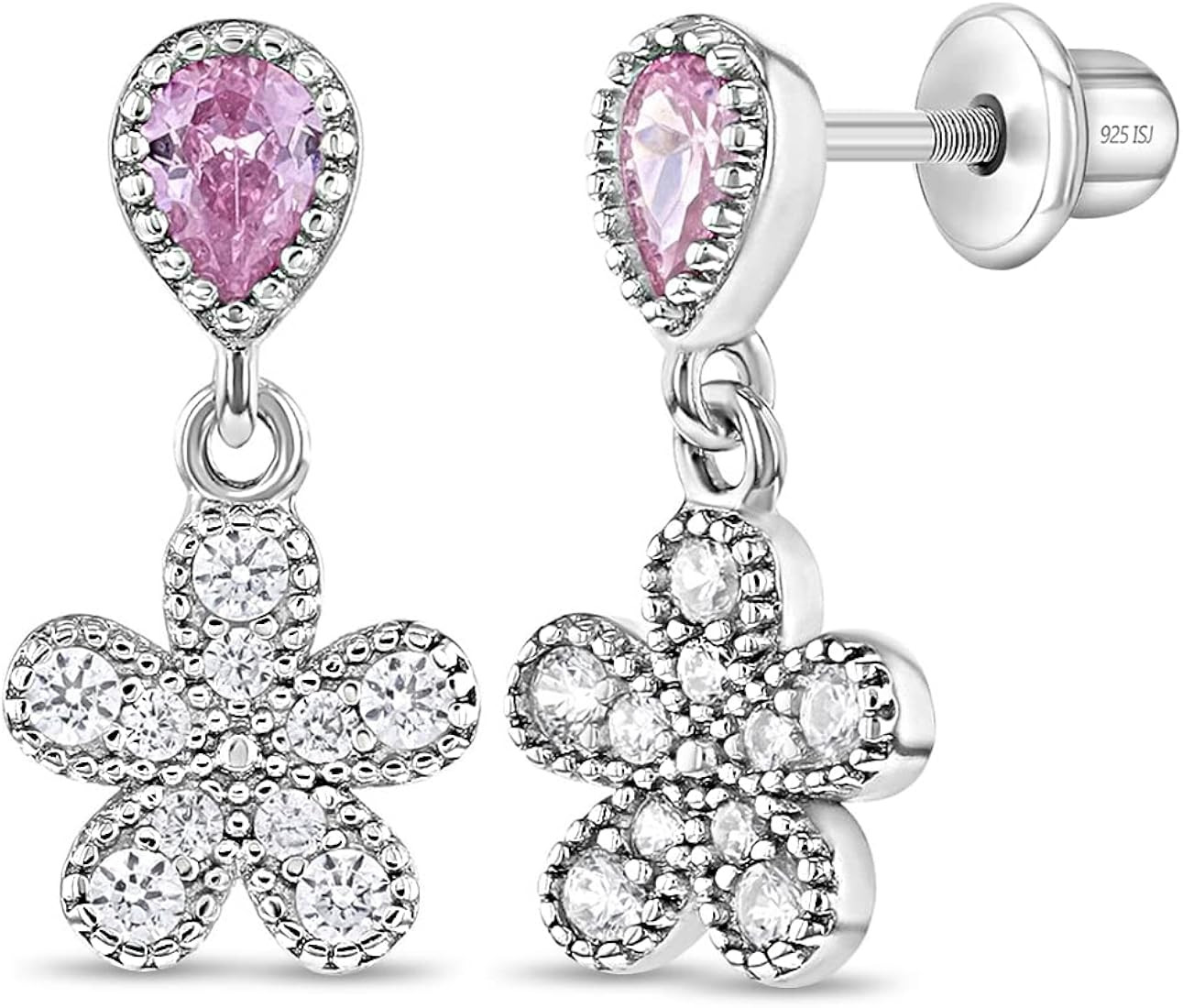 925 Sterling Silver Girl's Pretty Flower Dangles, Clear & Pink Cubic Zirconia Screw Back Locking ... | Amazon (US)