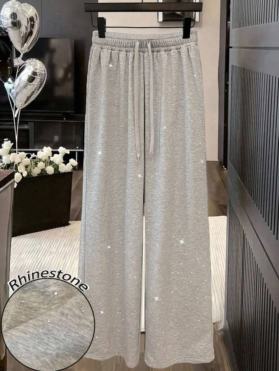 SHEIN CURVE+ Plus Size Women's Fashion Rhinestone Decor High Waist Drawstring Loose Straight Leg ... | SHEIN