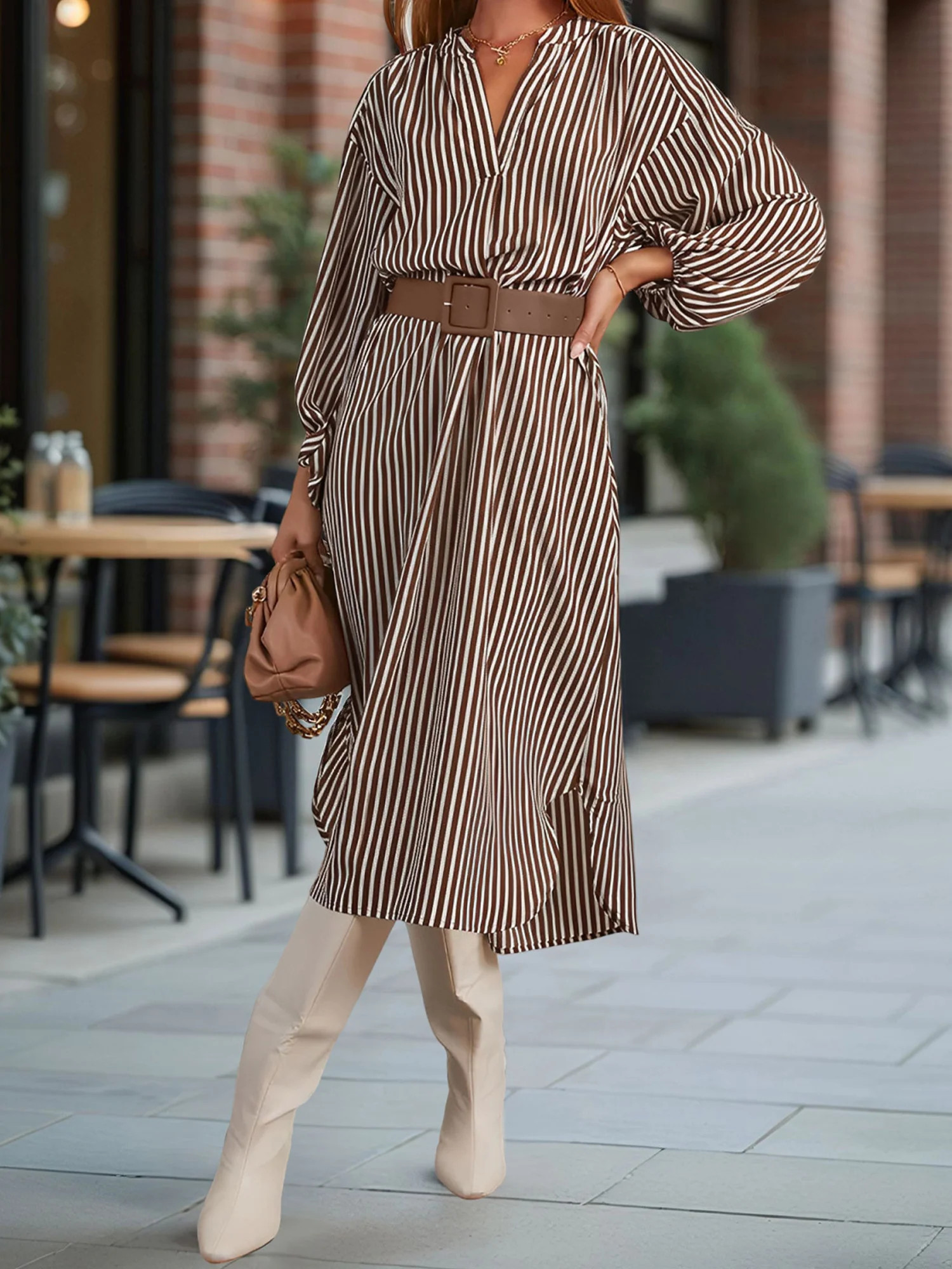 Striped Notch Neck Long Sleeves Belted Pockets Dress | allegra-k
