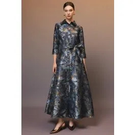 Metallic Floral Jacquard Button-Up Maxi Dress for Memorial Luncheon & Anniversary Celebration | Chicwish