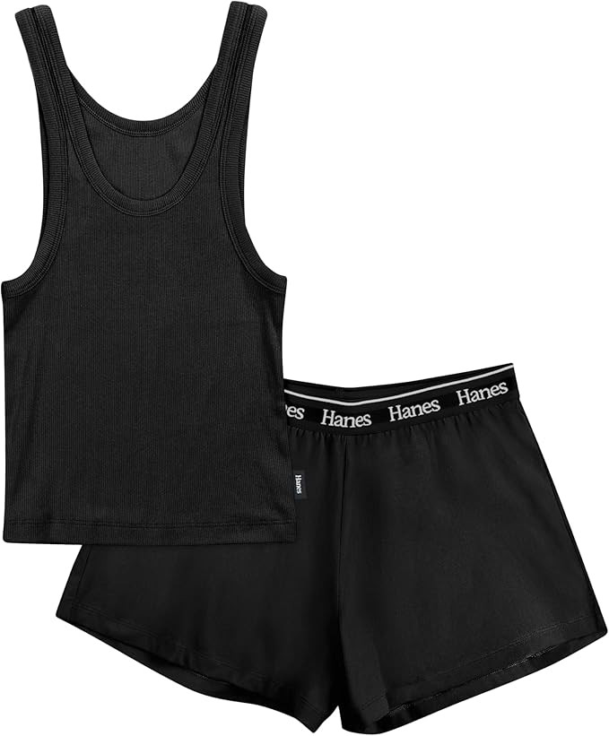 Hanes Women's Originals Comfywear Rib Crop Tank and Sleep Shorts, 2-Piece Set | Amazon (US)