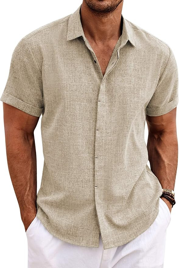 COOFANDY Men's Linen Shirts Short Sleeve Casual Shirts Button Down Shirt for Men Beach Summer Wed... | Amazon (US)
