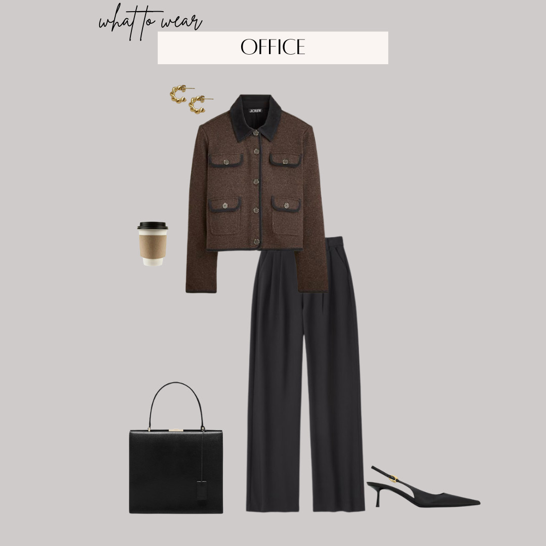 Workwear Office Outfit Idea: 

 ootd style fashion, trouser pants, Jcrew, tomford, ysl, work outfit, gold hoop earrings, jacket for work, brown and black outfit combo, women’s fashion outfit, cold weather workwear, winter office outfit 

#LTKootd #LTKWorkwear #LTKOver40