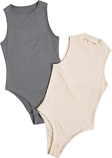 MakeMeChic Women's 2 Pack Casual Solid Round Neck Sleeveless Bodysuit Tank Tops | Amazon (US)