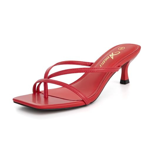 Athlefit Kitten Heels for Women Square Open Toe Strappy Flip Flop Heels Sexy Party Dress Shoes Thong Heeled Sandals Red Size 8 | Amazon (US)