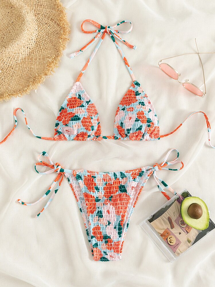 Swim Mod Summer Beach Floral Bikini Set Smocked Halter Triangle Bra & Tie Side Bottom 2 Pieces Bikini
4.90
(1000+)
 | SHEIN