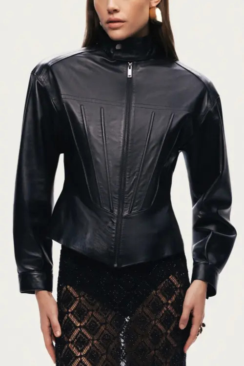 Nocturne Zip-Front Fitted Leather Jacket in Black at Nordstrom, Size Small | Nordstrom