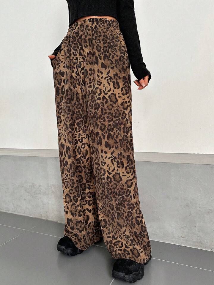 FRIFUL Women's Leopard Print Loose Fit Wide Leg Pants | SHEIN