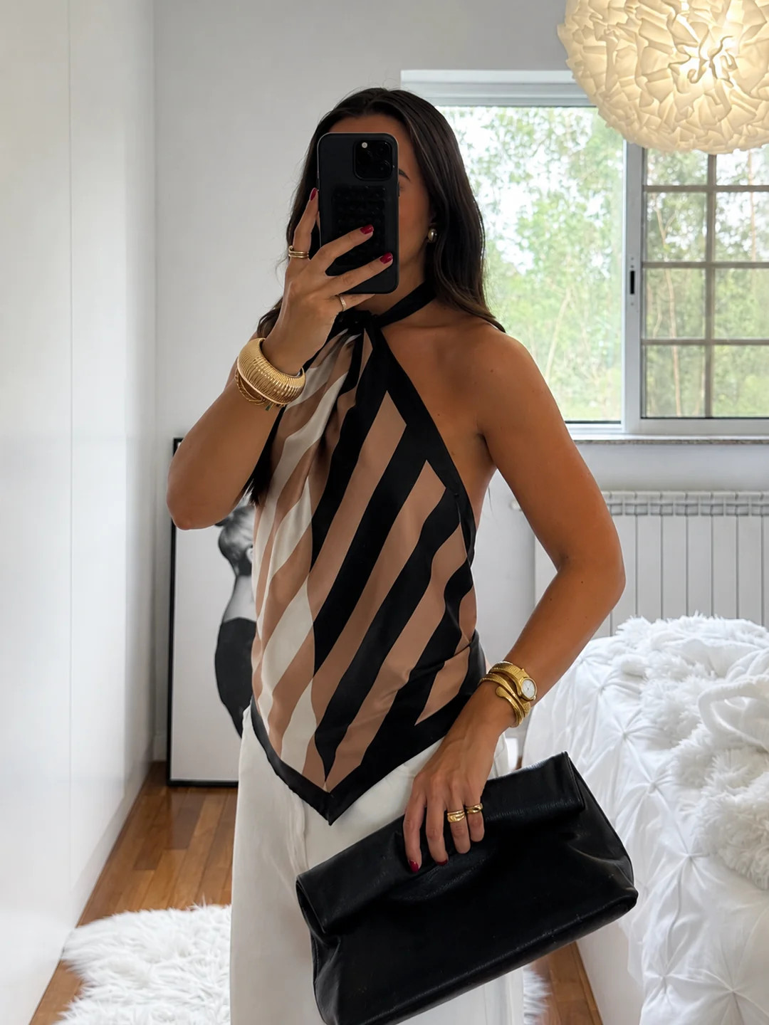 Geometric Striped Satin Halter Kerchief Top | Commense