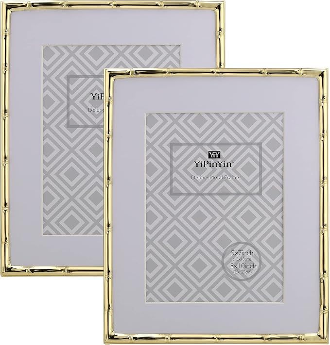 YiPinYin 8x10'' Bamboo Detail Gold Metal Picture Frame with Mat for 5 X7'' Set of 2, Elegant Narr... | Amazon (US)