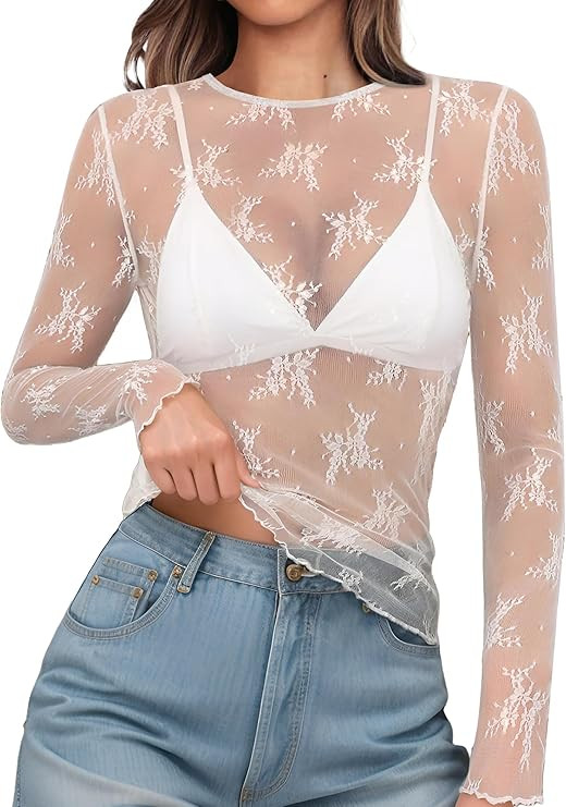 OFEEFAN Womens Mesh Tops Lace Long Sleeve Shirts Crewneck Slim Fitted Outfits See Through Blouses | Amazon (US)