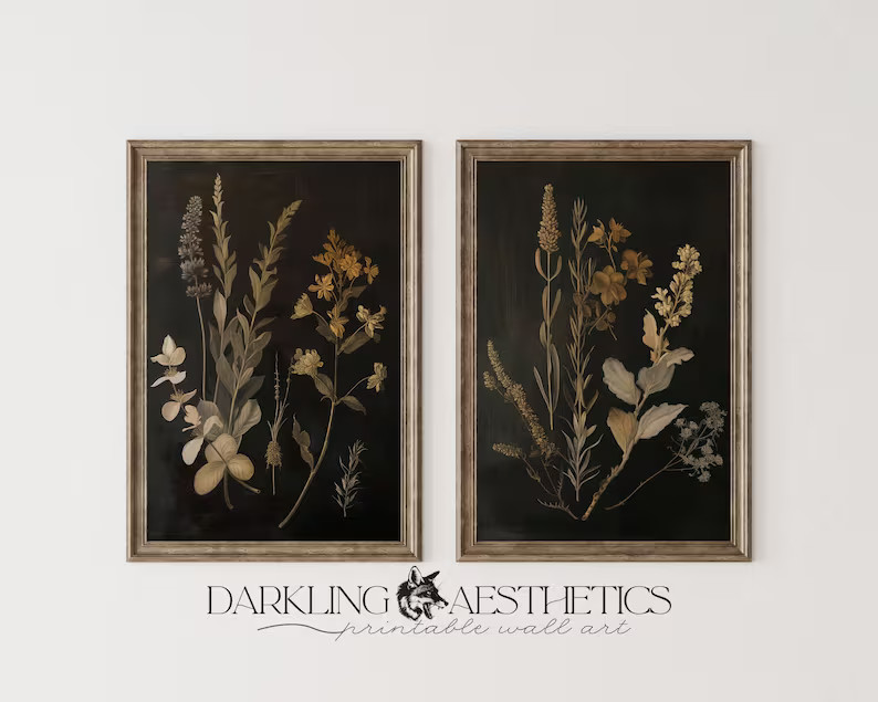 Set of 2 Dark Botanical Prints | Vintage Moody Cottagecore Florals Printable Gallery Wall Art | D... | Etsy (US)