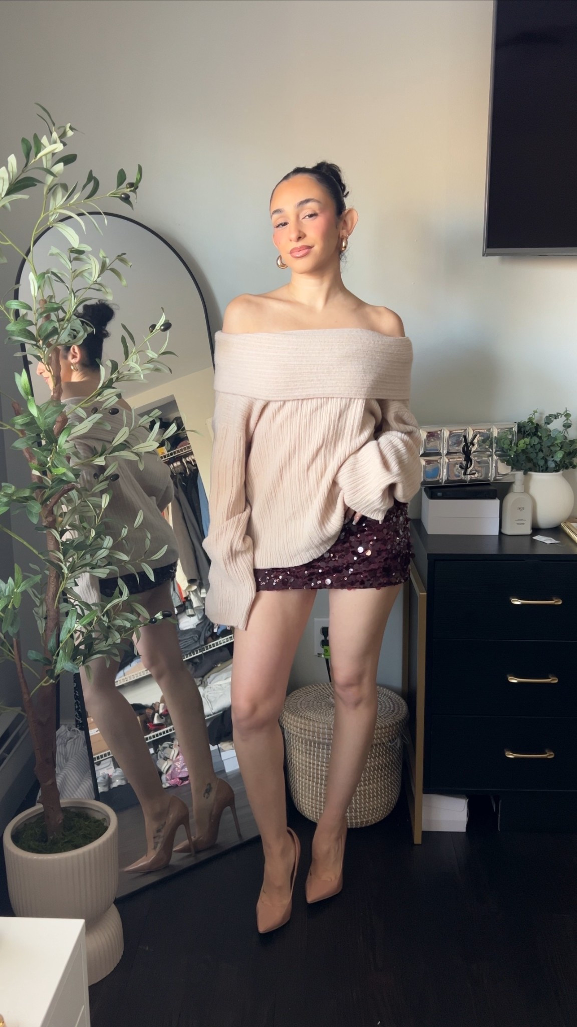 Sequin skirt outfit idea for holiday - paired with an oversized off shoulder sweater for a cozy look. Love this outfit for a holiday party or NYE 

#LTKootd #LTKHoliday #LTKgrwm