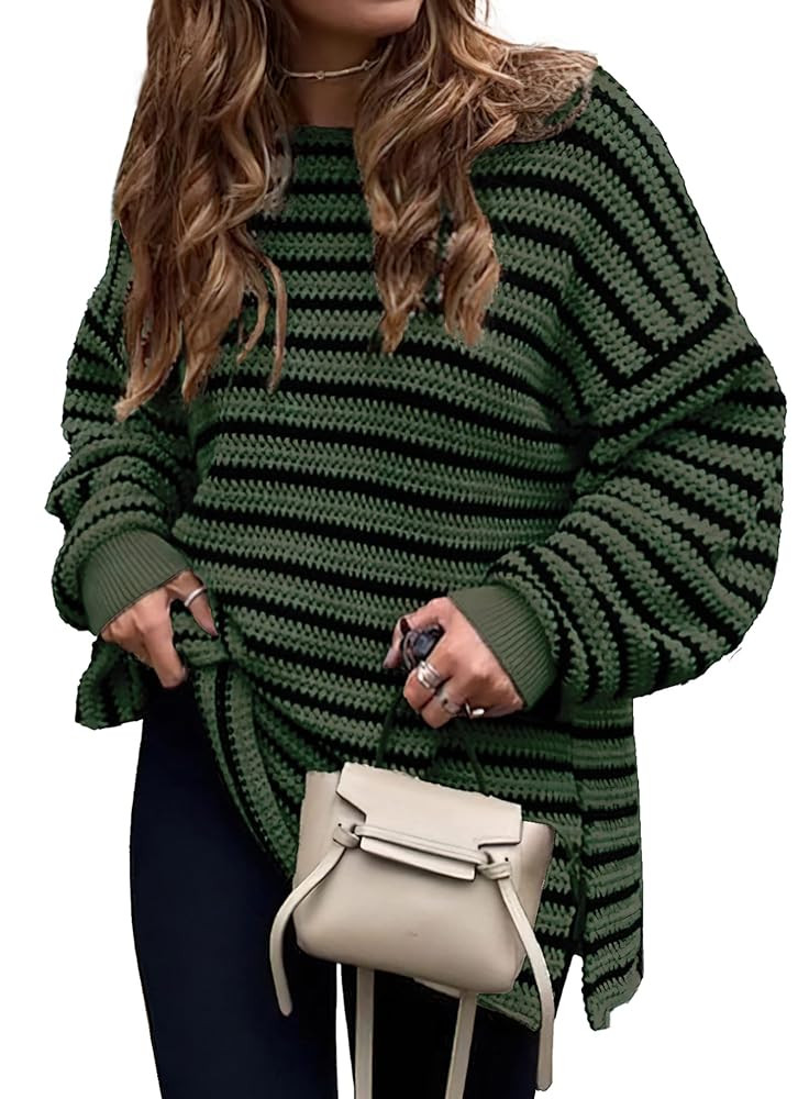 KIRUNDO Women's 2025 Fall Winter Oversized Long Sleeve Striped Sweater Casual Crewneck Side Split... | Amazon (US)