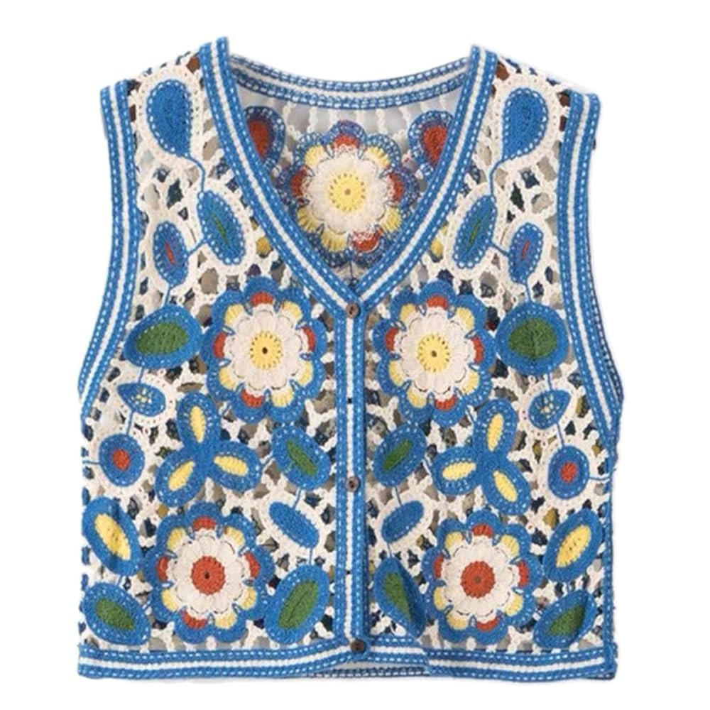 Sweet Boho Crochet Tank Top,Women Hollow Out Embroidery Tank Top Casual Camis, Floral Crochet Wai... | Amazon (US)
