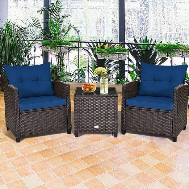 Gymax 3PCS Outdoor Patio Rattan Conversation Set Garden Yard w/ Navy Cushions | Walmart (CA)