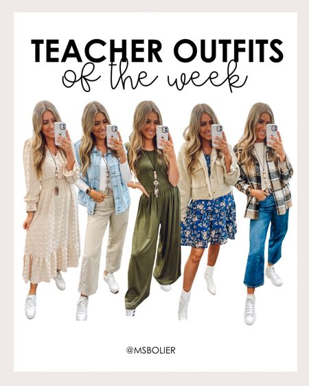 Teacher outfits of the week!
Swiss dot dress: true to size, wearing M
Pants: true to size 
Denim vest; I sized up one to an L
Bodysuit: true to size
Green jumpsuit; true to size and more colors
Sherpa jacket: size up one of have longer arms (the dress I’m wearing with it is no longer sold)
White boots: size up half  & comfy 
Plaid shacket: wearing my usual size M
Jeans: true to sixe
All sneakers true to sizee

#LTKfindsunder100 #LTKworkwear #LTKfindsunder50