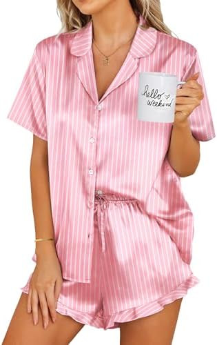 Ekouaer Womens Satin Pajamas Set Button Down 2 Piece Silk Pjs Shorts Set Ruffle Lingerie Notch Co... | Amazon (US)