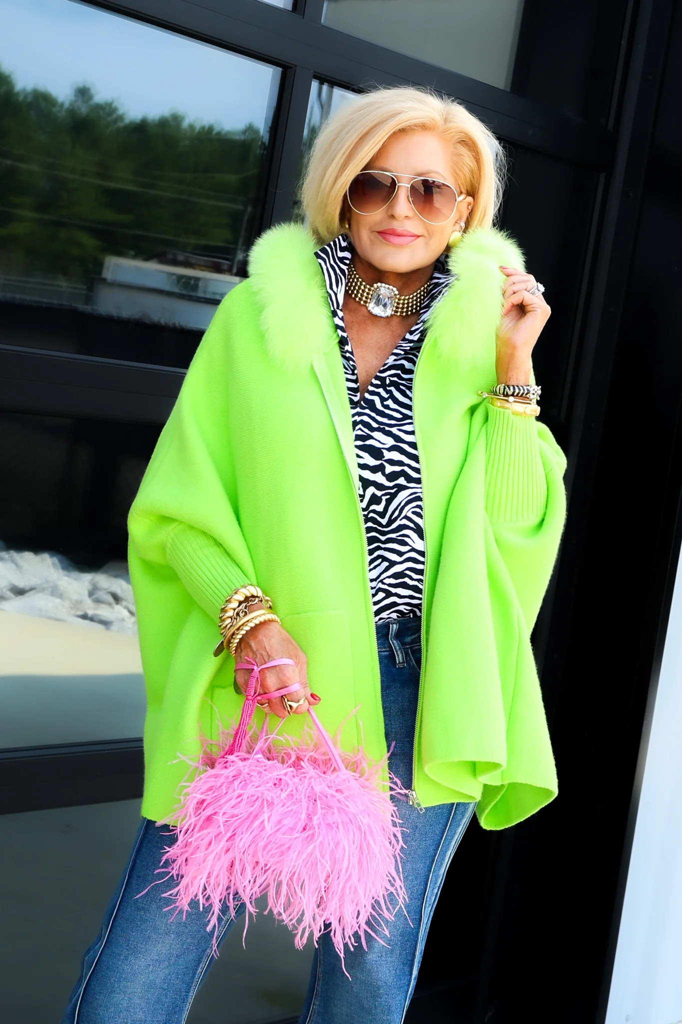 MITCHIE'S Amiee Lime Fox Fur Poncho Lime / One Size | The Willow Tree