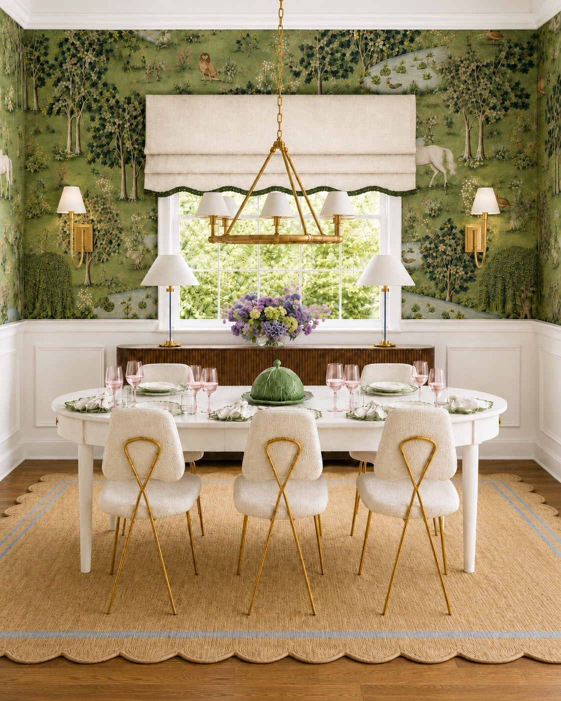 Dinner will be served… ✨

An elegant dining room designed for gathering, lingering, and making the evening feel beautifully special. The lush scenic wallpaper wraps the room in color and story, while the Serena & Lily Beach House Expandable Dining Table brings a light, refined balance with its creamy finish and graceful silhouette.

Slim dining chairs with sculptural brass detailing add a modern, sophisticated contrast, grounded by the natural texture of a woven rattan rug. Pink glassware, an elegant dinner setting, layered lighting, and soft Roman shades complete the moment—coastal chic with a bold, collected point of view.

#DinnerWillBeServed #DiningRoomDesign #ElegantDiningRoom #CoastalChic #SerenaAndLily #BeachHouseDiningTable #ExpandableDiningTable #ScenicWallpaper #DiningChairs #BrassDetails #RattanRug #Chandelier #WallSconces #BuffetLamps #RomanShade #PinkGlassware #Tablescape #ModernClassic #InteriorStyling #LTKHome #LTKdayinmylife

#LTKdayinmylife #LTKHome