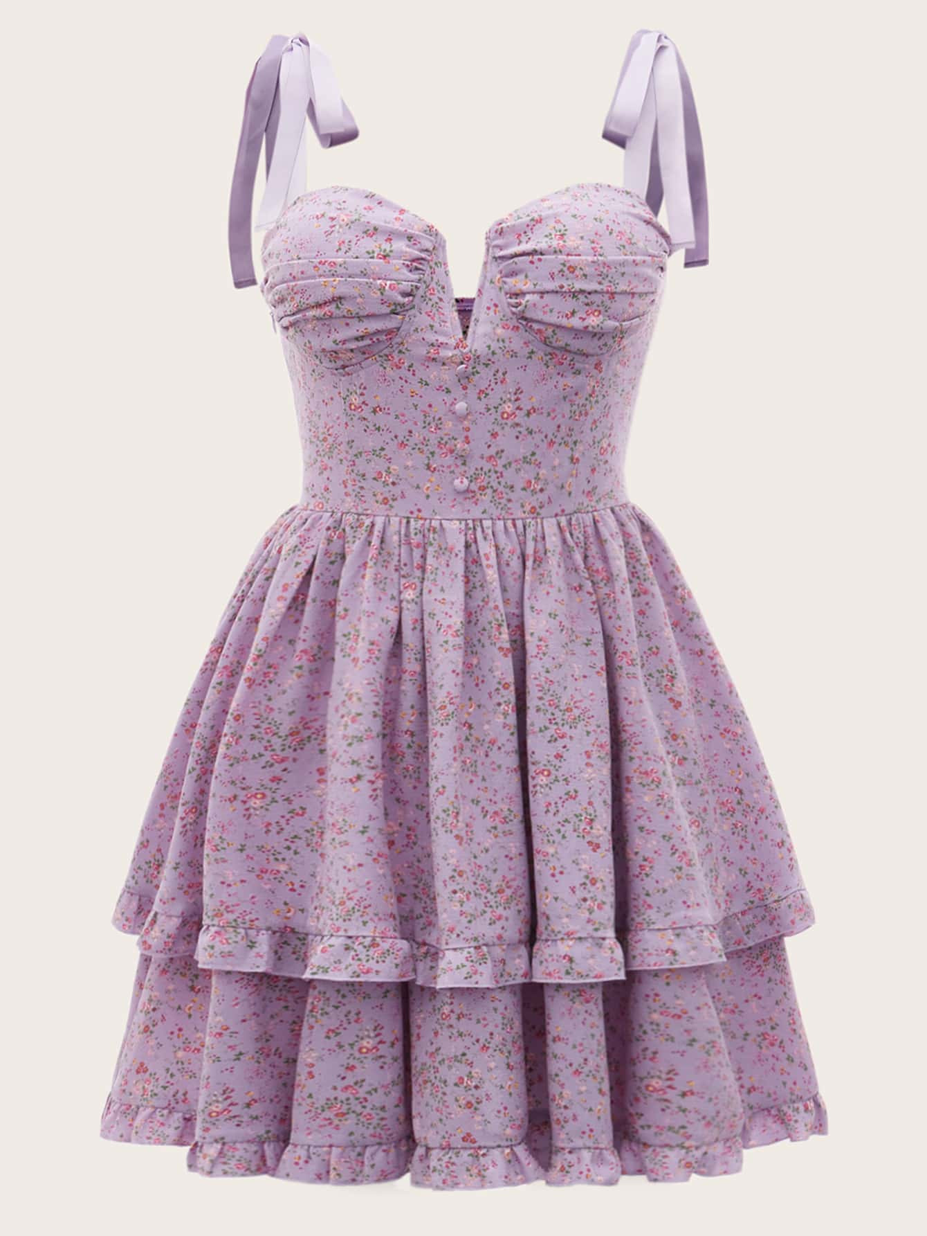 SHEIN MOD Ditsy Floral Button Front Tie Shoulder Tiered Layer Cami Dress | SHEIN