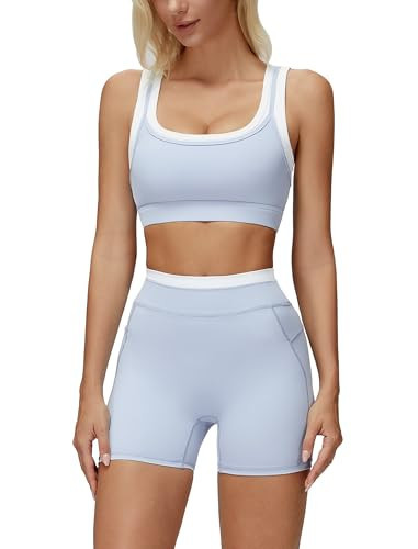 Womens Workout Sets Two Piece Color Block Layered Square Neck Sports Bra Matching Tummy Control High Wait Biker Shorts 2 Piece Gym Sets Yoga Pilates Outfits Blue Large | Amazon (US)
