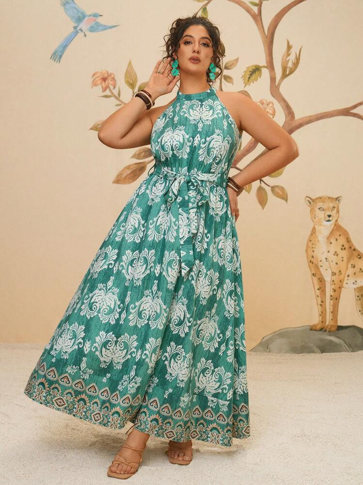 Travachic Bohemian Plus Size Casual Vacation Retro Boho Tropical Print Beach Dress Linen Ladies Long Cami Dress | SHEIN