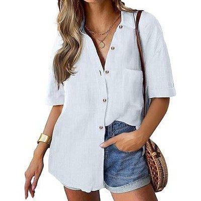 Zeagoo Button Up Blouse for Women Collar Shirt Short Sleeve Linen Cotton Tops  Casual Loose-Fitting Business Shirt-White-M | Target