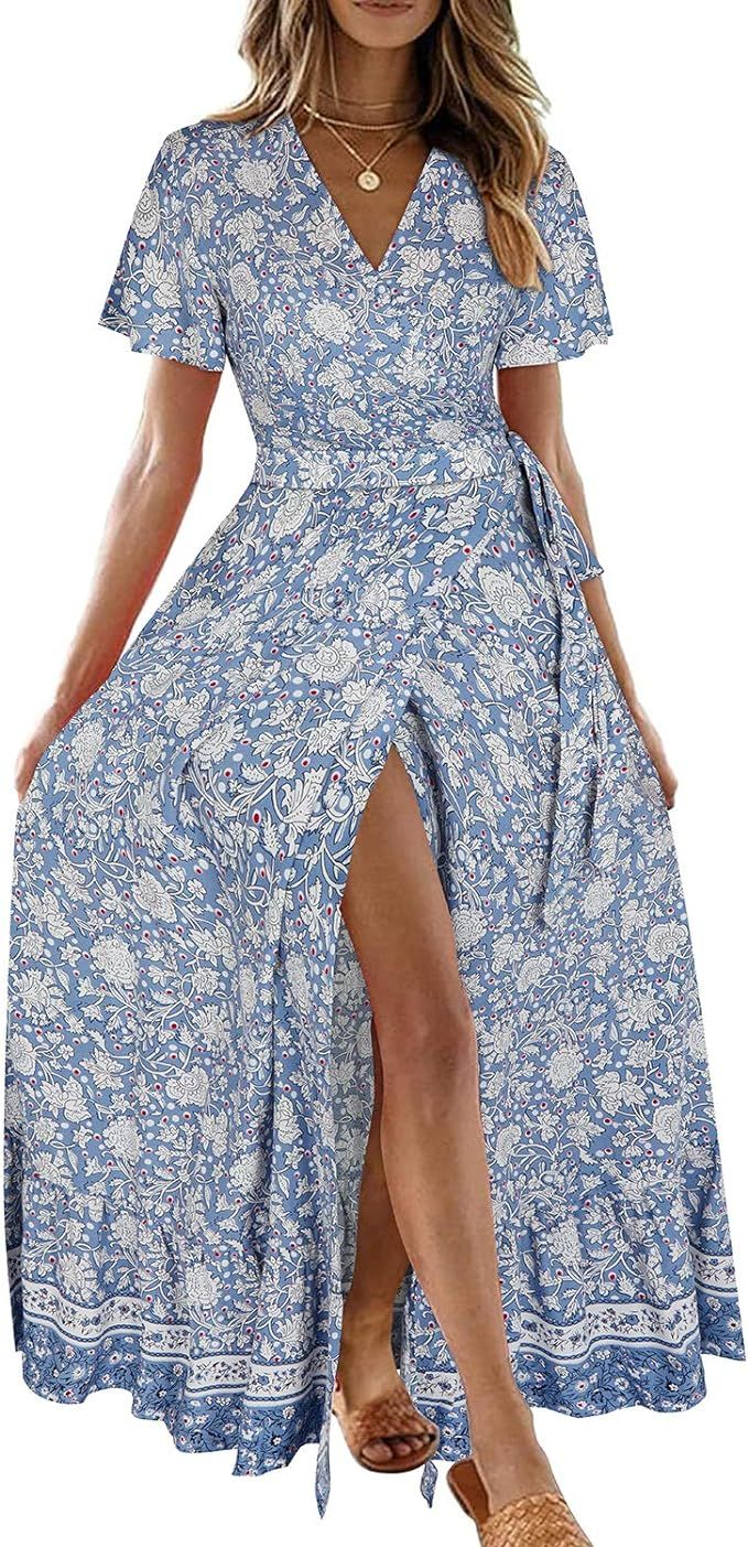 OUGES Women’s Casual Summer Bohemian Floral Wrap V Neck Short Sleeve Beach Maxi Dress | Amazon (US)