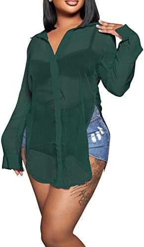 Womens Sheer Button Up Blouse Sexy Long Sleeve Mesh See Through Shirts Tops | Amazon (US)