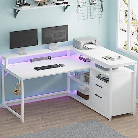 SEDETA White Computer Desk, 59'' L Shaped Desk, Computer Desk with Legal/Letter/A4 File Drawers, ... | Amazon (US)