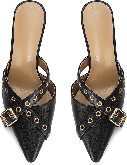 Dsevht Black Kitten Heels for Women Pointed Toe Heels Dressy Bow Heels Vintage Heels Mules Sexy P... | Amazon (US)