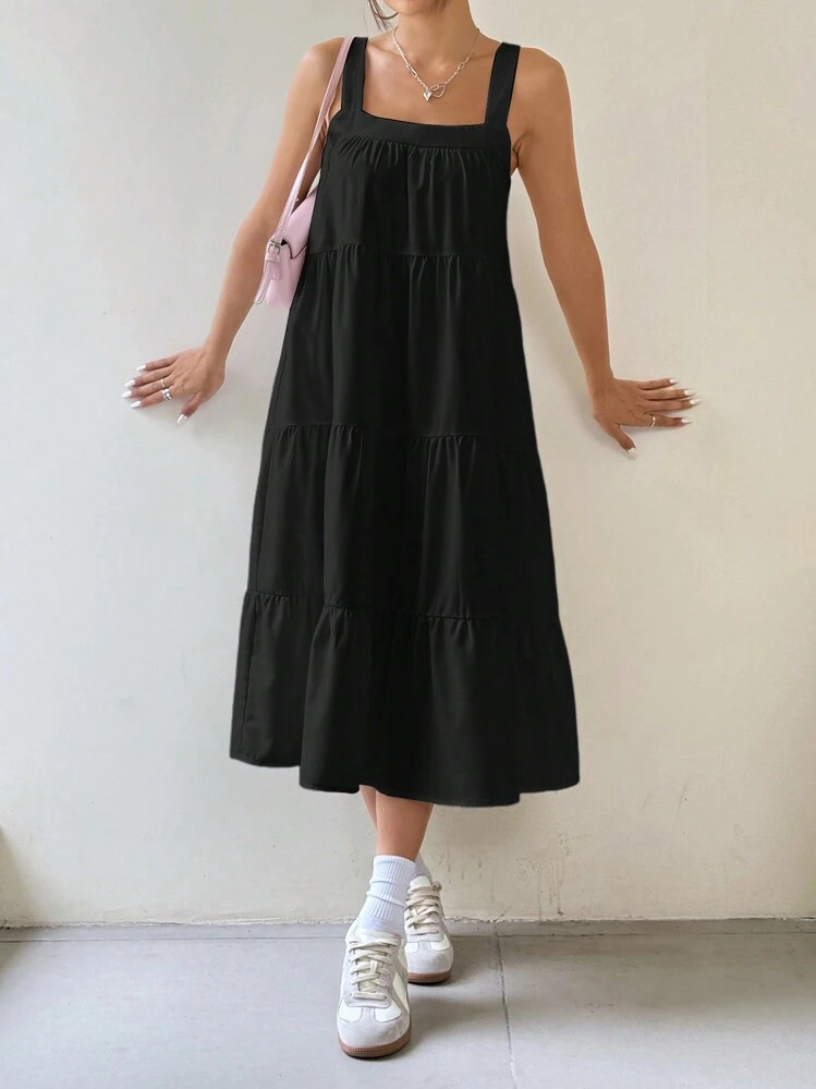 SHEIN EZwear Women Solid Color Simple Daily Long A-Line Sleeveless Suspender Dress | SHEIN
