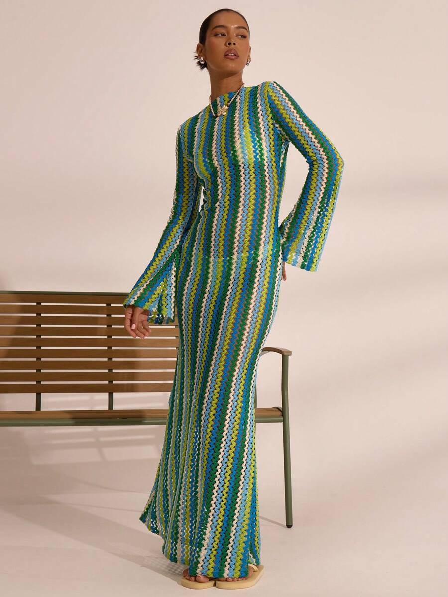 MUSERA Textured Stripe Knit Flared Maxi Dress Spring Summer Vacation Boho Ibiza Elegant Beach Cut... | SHEIN