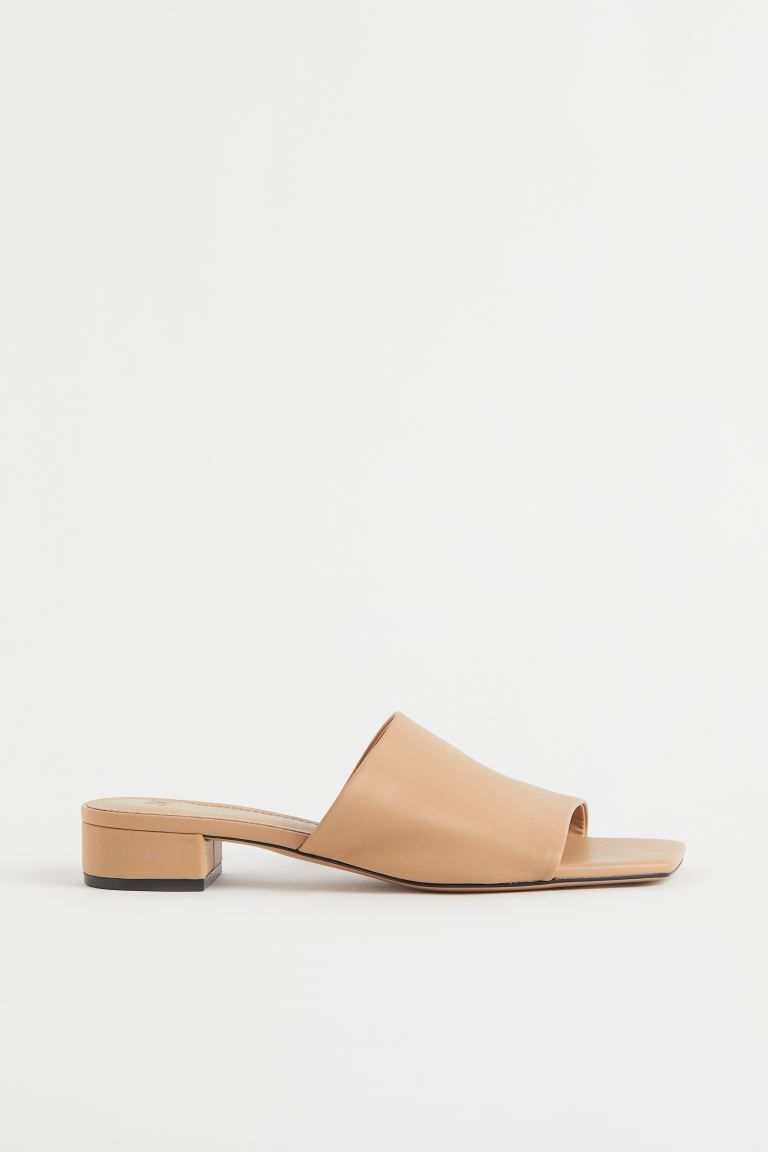 Mules in faux leather. Covered block heels, square, open toes, and wide foot strap. Jersey lining... | H&M (US + CA)
