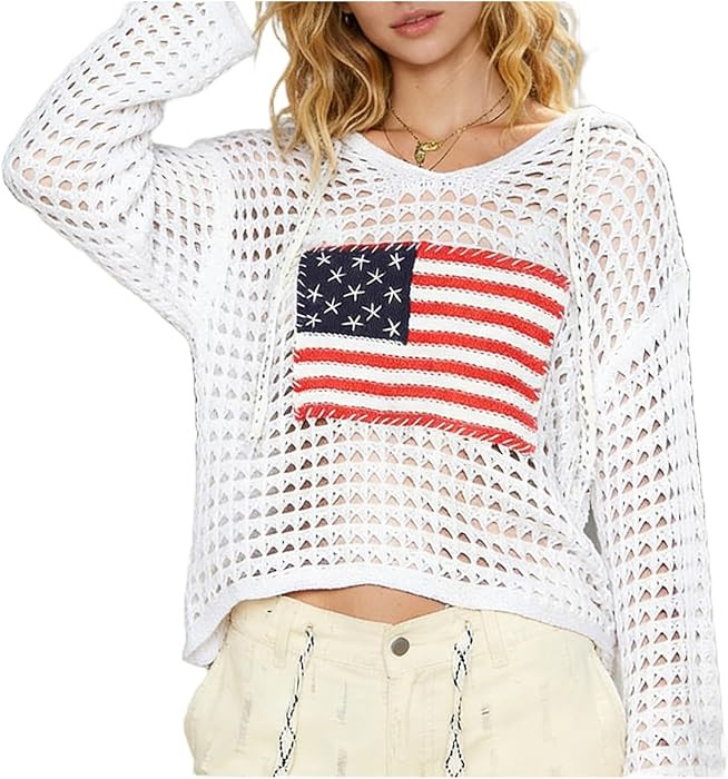 Womens American Flag Open Knit Crochet Sweater Tops Long Sleeve V-Neck Hollow Out Hoodies Summer ... | Amazon (US)