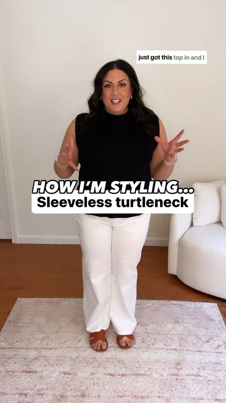 Obsessed with this sleeveless turtleneck sweater + white pants outfit! Wearing an XL sweater/14 jeans 

#LTKmidsize #LTKstyletip #LTKfindsunder50