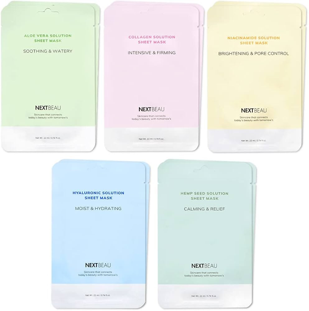 NEXTBEAU Solution Sheet Mask Variety Pack, 10 Count (5 Types x 2 Sheets), 0.74 fl oz Each, Korean... | Amazon (US)