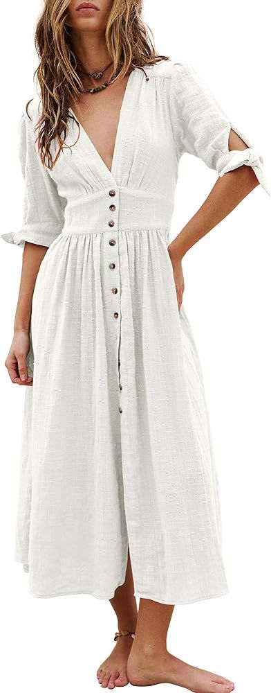 Locachy Women's Lightweight Cotton Casual Summer Dresses V Neck Button Down Short Sleeve Midi Ska... | Amazon (US)